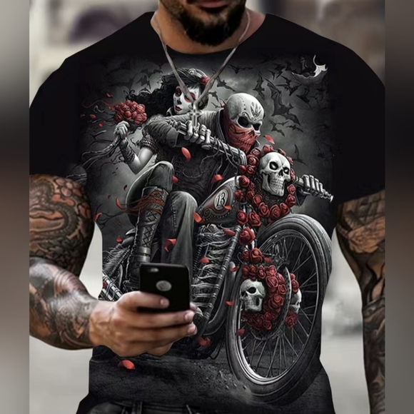 BIKERS 🏍️💀3-D Digital  Pattern Men's Graphic Tee Motorcyclist Grimreaper... - Picture 6 of 8